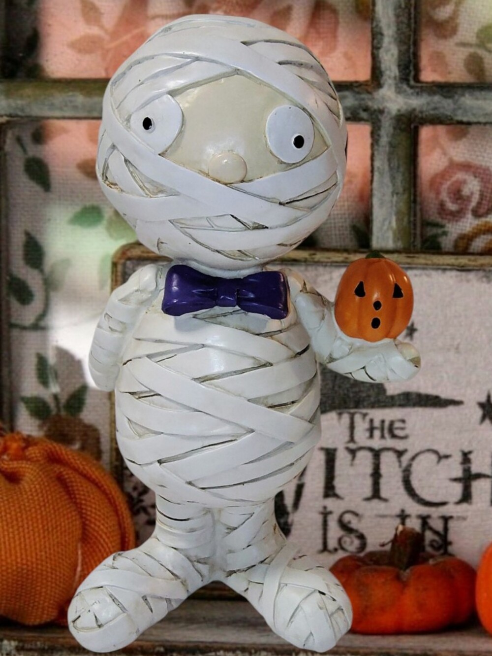 Gus The Mummy Halloween Figure 10" Resin Statue Holding Pumpkin Whimsical Decor